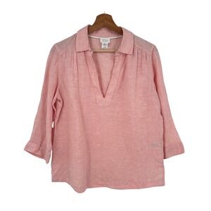 Sigrid Olsen 100% Linen Top V-Neck 3/4 Sleeve Casual Blouse‎ Salmon Pink Size S